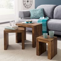 FineBuy 3er Set Satztisch Massiv-Holz Wohnzimmer-Tisch Landhaus-Stil Beistelltisch dunkel-braun Naturholz Couchtisch Natur-Produkt Wohnzimmermöbel Unikat Massivholzmöbel Echtholz Anstelltisch