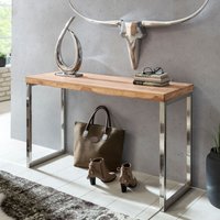 FineBuy Konsolentisch Massivholz Konsole mit Metallbeinen Schreibtisch 120 x 45 cm Landhaus-Stil Sideboard Modern Massiv dunkel-braun Echt-holz Natur