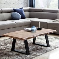 FineBuy Couchtisch Akazie Massivholz 115 cm · Rechteckiger Wohnzimmertisch mit natürlicher Baumkante und schwarzen Metallkufen · Handgefertigter Design Tisch