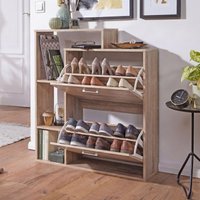 FineBuy FineBuy Moderner Schuhkipper MASSA Holz 2 Fächer Sonoma Eiche 12 Paar Schuhe, Schuhschrank 85 x 24 x 93 cm, Schuhkommode Flur mit Ablage Regal