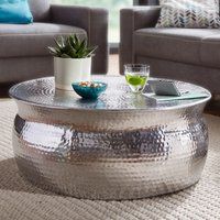 FineBuy Design Couchtisch rund 75 cm aus Metall - Handgefertigter Aluminium Wohnzimmertisch Hammerschlag - Orientalischer flacher Alu Sofatisch