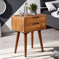 FineBuy Nachttisch Sheesham Massivholz mit 2 Schubladen - Nachtkästchen für Boxspringbett - Nachtkonsole Retro Design - Nachtkommode 47x66x36 cm