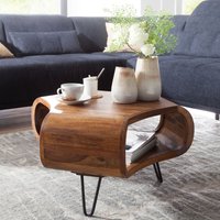 FineBuy Couchtisch Sheesham Massivholz 55x55x38 cm – Wohnzimmertisch mit Ablagefach und Metallbeinen | Design Tisch in Handarbeit | Retro Stil aus echtem Massivholz