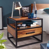 FineBuy Nachtkonsole Sheesham Massivholz mit Schublade & Ablage – Nachttisch im Industrial Design - Nachtkästchen handgefertigt fürs Schlafzimmer 50x45x45 cm
