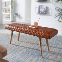 FineBuy gepolsterte Sitzbank 115 cm Massivholz Echtleder Braun - Retro Polsterbank für Garderobe Schlafzimmer & Wohnzimmer - Garderobenbank Eingangsbereich