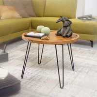 FineBuy Couchtisch Sheesham Massivholz rund Ø 60 cm – Wohnzimmertisch mit Metallbeinen im Retro Design – Handgefertigter Holztisch mit Ablagekante – 45 cm hoch