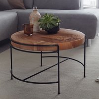 FineBuy Couchtisch Akazie Massivholz rund 62 cm mit Metallgestell · Kleiner Wohnzimmertisch im Baumscheiben Design · Handgefertigt · Industrial & Natur Look