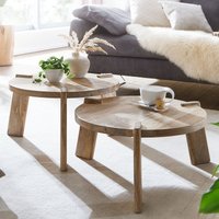 FineBuy Couchtisch Set 2er Mango Massivholz rund Natur · Wohnzimmertisch Beistelltisch im Japandi Design · Handgefertigte Satztische aus Echtholz mit Klarlack