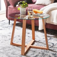 FineBuy Couchtisch Eiche Massivholz / Glas Sofatisch Rund Wohnzimmertisch, Design Stubentisch Modern, Holztisch Kaffeetisch, Tisch Wohnzimmer Echtholz