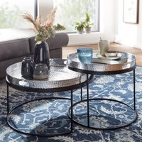 FineBuy Couchtisch 2er Set Metall Hammerschlag Satztisch Rund, Sofatisch abnehmbares Tablett, Tabletttisch Sofa 2 teilig Modern, Runder Beistelltisch
