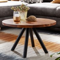 FineBuy Couchtisch Sheesham Massivholz rund Ø60 cm · Wohnzimmertisch mit stabilen Metallbeinen · Massivholztisch im modernen Industrial Design mit einzigartiger Holzmaserung