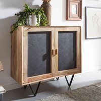 FineBuy Sideboard 80x75x35 cm Mango Massivholz / Stein-Optik Anrichte, Kommode mit 2 Türen, Kleiner Kommodenschrank Holz Massiv, Standschrank Mehrzweckkommode mit Metallgestell