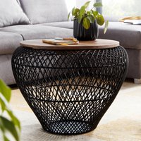 FineBuy Couchtisch Mango Massivholz Metall 60x60x45 cm Rund mit Stauraum, Design Wohnzimmertisch Korbtisch Modern, Beistelltisch Sofatisch Wohnzimmer