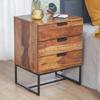 FineBuy Nachttisch Sheesham Massivholz mit Metallgestell und 3 Schubladen – Nachtkonsole im Industrial Design, handgefertigt – Nachtkästchen für Boxspringbett 50x40x65 cm