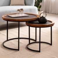 FineBuy Couchtisch 2er Set Mango Massivholz / Steinoptik Wohnzimmertisch Rund, Satztisch mit Metallgestell, Kaffeetisch Modern, Sofatisch Verschachtelungstisch 2-teilig Braun / Anthrazit