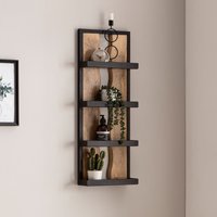 FineBuy Wandregal 30x80x10 cm Mango Massivholz / Metall Hängeregal Industrial, Design Schweberegal Rechteckig, Regal Hängend Wohnzimmer, Holzregal Wand mit 4 Ablagen & Wellenmuster