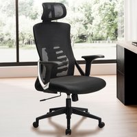 FineBuy Bürostuhl Schwarz Mesh-Bezug Schreibtischstuhl bis 120 kg mit Kopfstütze, Drehstuhl höhenverstellbar mit Lendenwirbelstütze, Stoff-Schreibtischsessel ergonomisch mit Wippfunktion