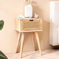 FineBuy Nachtkonsole Mango Massivholz mit Rattan & Schublade – Nachttisch im Boho & Natur Design, stabiles Nachtkästchen für Boxspringbett, handgefertigt Wiener Geflecht – 40x60x30 cm