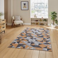Coral Orange Grey Geometric Washable Rug
