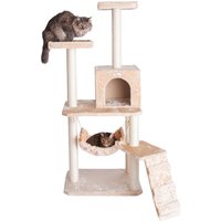 GeeWhiz 57-Inch Wood Cat Tree In Beige With Perches, Running Ramp, Condo And Hammock