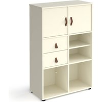 Click to view product details and reviews for Universal Cube Storage Unit 1295mm High on Glides with Matching Shelf 2 Cupboards and Drawers White with White Inserts.
