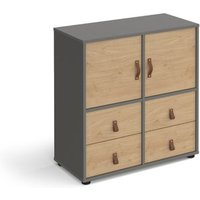 Click to view product details and reviews for Universal Cube Storage Unit 875mm High on Glides with 2 Cupboards and 2 Sets of Drawers Grey with Oak Inserts.