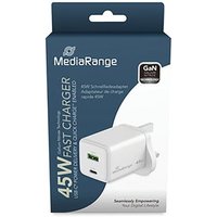 MediaRange GaN Fast Charging Adapter UK Plug 1xUSB-C and 1xUSB-A 45W White MRMA113-UK MediaRange GaN Fast Charging Adapter UK Plug 1xUSB-C and 1xUSB-A 45W White MRMA113-UK