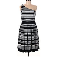 White House Black Market Cocktail Dress - Fit & Flare: Black Stripes Pattern Dresses - Used - Size