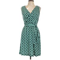 Donna Morgan Cocktail Dress - Wrap: Teal Polka Dots Pattern Dresses - Used - Size 12 Petite
