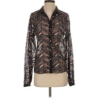 Ramy Brook Long Sleeve Blouse: Brown Chevron/Herringbone Pattern Tops