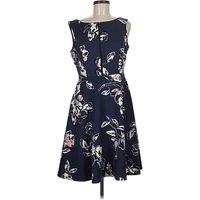 White House Black Market Casual Dress - Fit & Flare: Blue Floral Pattern Dresses - Used - Size