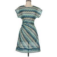 Donna Morgan Casual Dress - Wrap: Teal Chevron/Herringbone Pattern Dresses - Used - Size