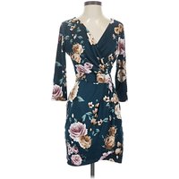 Casual Dress - Wrap: Teal Floral Pattern Dresses - Used