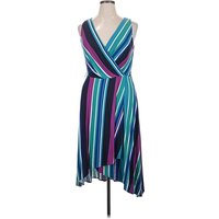 DKNY Cocktail Dress - Wrap: Teal Stripes Pattern Dresses - Used - Size X