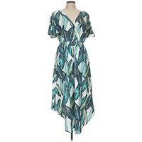 BLOOMCHIC Cocktail Dress - Wrap: Teal Tropical Pattern Dresses - Used - Size