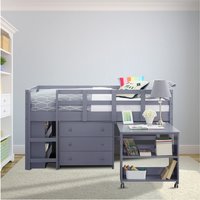 Kids Loft Bed with Desk, Cabinet, Bookshelf, and Safety Guard Rails â Low Study Design â Naomi Home Gray,Twin