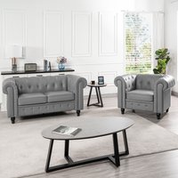 Emery Chesterfield Love Seat & Accent Chair with Rolled Arms, Tufted Cushions by Naomi Home Gray