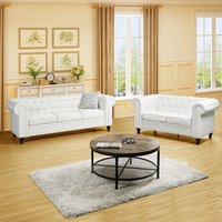 Emery Chesterfield Love Seat & Sofa with Rolled Arms, Tufted Cushions by Naomi Home White