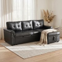 Reversible Sleeper Sectional Sofa with Storage Chaise, Laura Collection - Naomi Home Air Leather,Black