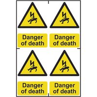 Self-Adhesive PVC "Danger Of Death" Sign 100mm x 150mm (Pack of 4)
