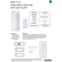 Lecico Steel Bath 1700 X 700Mm Anti Slip With Grips + Legs