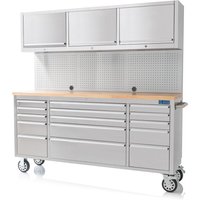 SGS 72in Stainless Steel 15 Drawer Mobile Workstation | Pegboard |3x Upper Cabinets