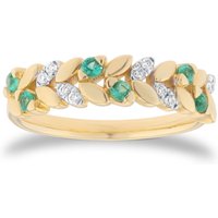 9ct Yellow Gold Diamond and Emerald Leaf Ring - Ring Size N