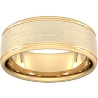 8mm D Shape Heavy Matt Centre With Grooves Wedding Ring In 18 Carat Yellow Gold - Ring Size H