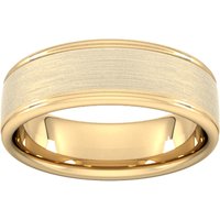 7mm Flat Court Heavy Matt Centre With Grooves Wedding Ring In 9 Carat Yellow Gold - Ring Size O