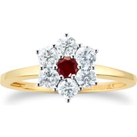 9ct Yellow Gold Ruby & Diamond Cluster Ring - Ring Size K.5