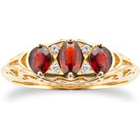 9ct Yellow Gold Victorian Style 3 Stone Garnet & Diamond Ring - Ring Size C.5