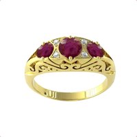 9ct Yellow Gold Victorian Style 3 Stone Ruby & Diamond Ring - Ring Size R.5
