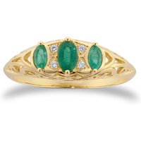 9ct Yellow Gold Victorian Style 3 Stone Emerald & Diamond Ring - Ring Size B