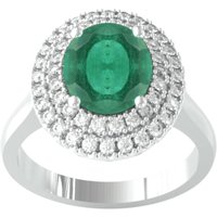 18ct White Gold Emerald & Diamond Double Halo Cluster Ring - Ring Size Z